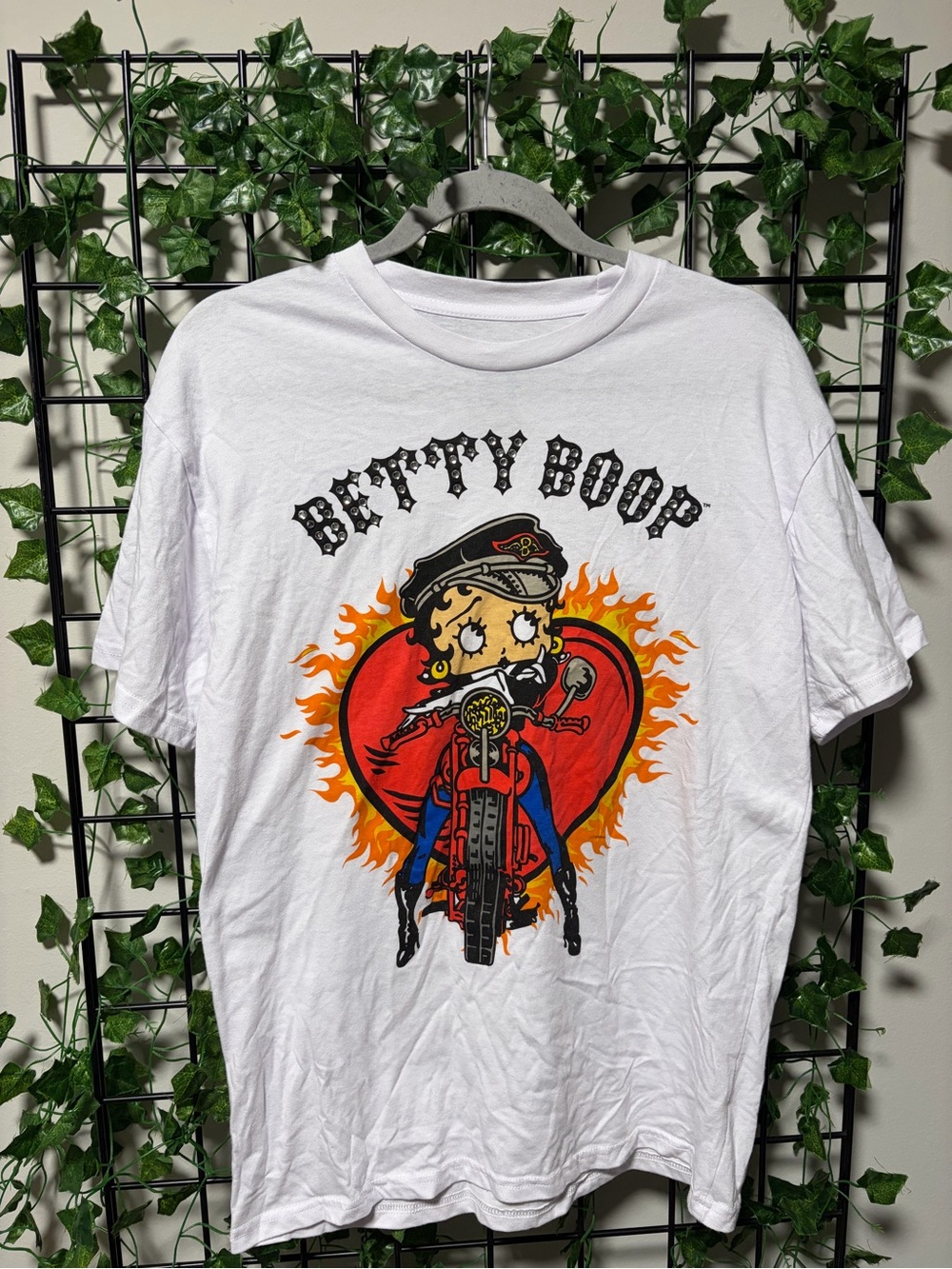 Betty Boop White Tee with Red and Orange Motorcycle Heart Graphic